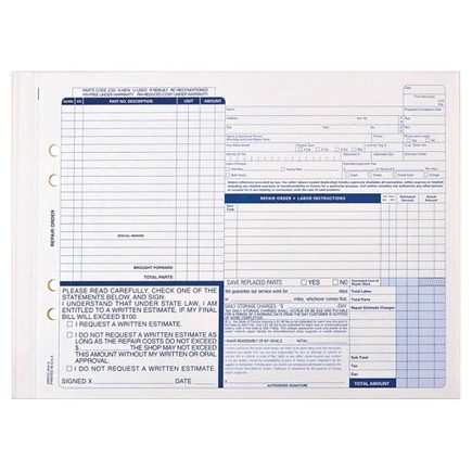 Jj Keller 58346  Auto Repair Form Snap Out Format Stock Carbonless Auto Repair Form